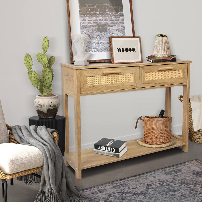 39.3" Natural Wood Color Console Table with Open Storage Shelf & 2